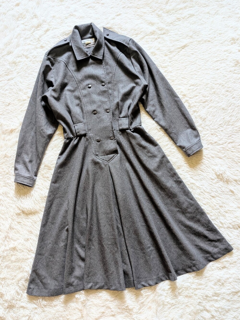 80s Vintage 100% Wool Grey Sherlock Holmes Double Breast Military Coat Dress 10
